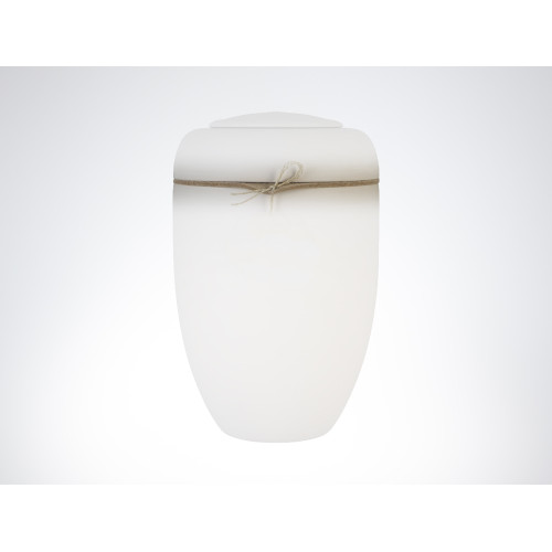 Die Filzscheibe Sahara ist eine ovale, matte Urne in hellem Beige mit einem schmalen, naturfarbenen Band um den oberen Rand.