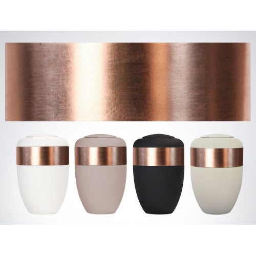 Kupferring für Ring-Urne in verschiedenen Farben (weiß, beige, schwarz) mit einem glänzenden Kupferband, Gesamtansicht der Urnen mit dem Ring.