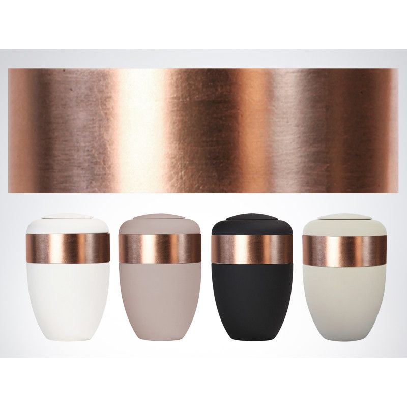 Kupferring für Ring-Urne in verschiedenen Farben (weiß, beige, schwarz) mit einem glänzenden Kupferband, Gesamtansicht der Urnen mit dem Ring.