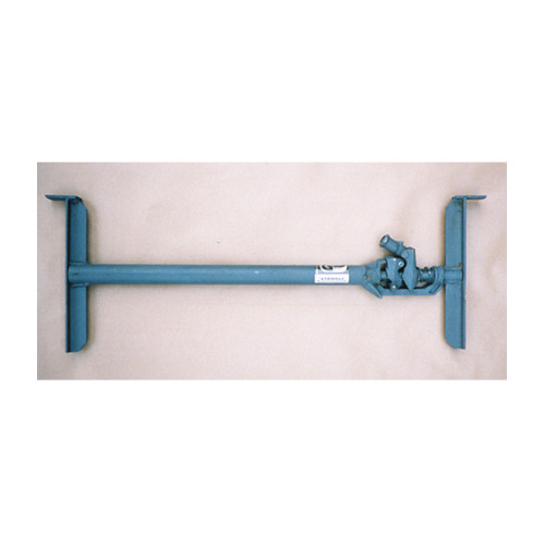 Die Spannstrebe für Holzbohlen in blauer Farbe hat eine längliche Form mit zwei seitlichen Halterungen und einem verstellbaren Verbindungselement in der Mitte.
