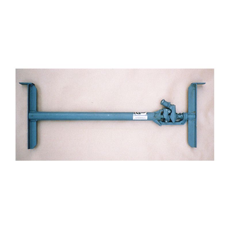 Die Spannstrebe für Holzbohlen in blauer Farbe hat eine längliche Form mit zwei seitlichen Halterungen und einem verstellbaren Verbindungselement in der Mitte.