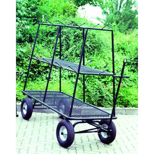 Der Kranzwagen Modell „6000“ ist ein schwarzer, fahrbarer Wagen mit einem stabilen Gestell, zwei Ablagen aus Gitter und großen Rädern für einfache Mobilität.