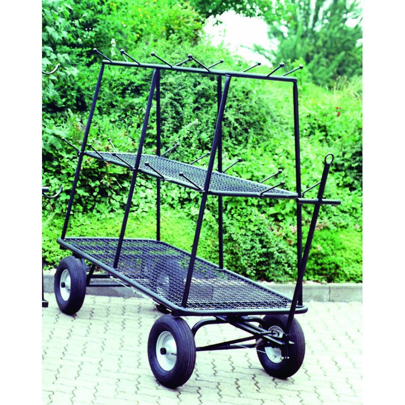 Der Kranzwagen Modell „6000“ ist ein schwarzer, fahrbarer Wagen mit einem stabilen Gestell, zwei Ablagen aus Gitter und großen Rädern für einfache Mobilität.