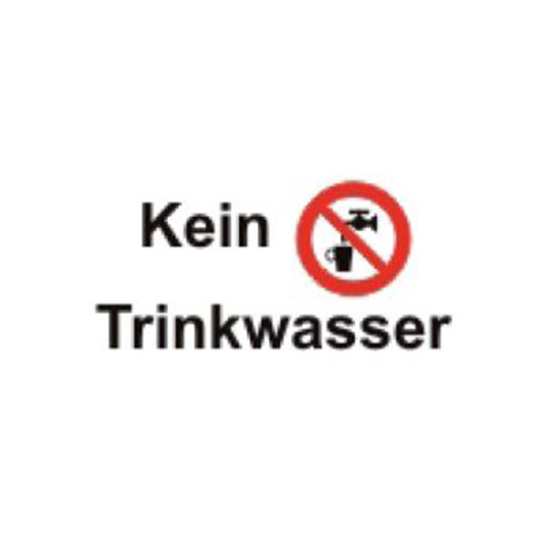 Aluminiumschild in weiß mit schwarzer Schrift und rotem Symbol, auf dem steht "Kein Trinkwasser", Gesamtansicht ohne Rahmen oder zusätzliche Dekoration.