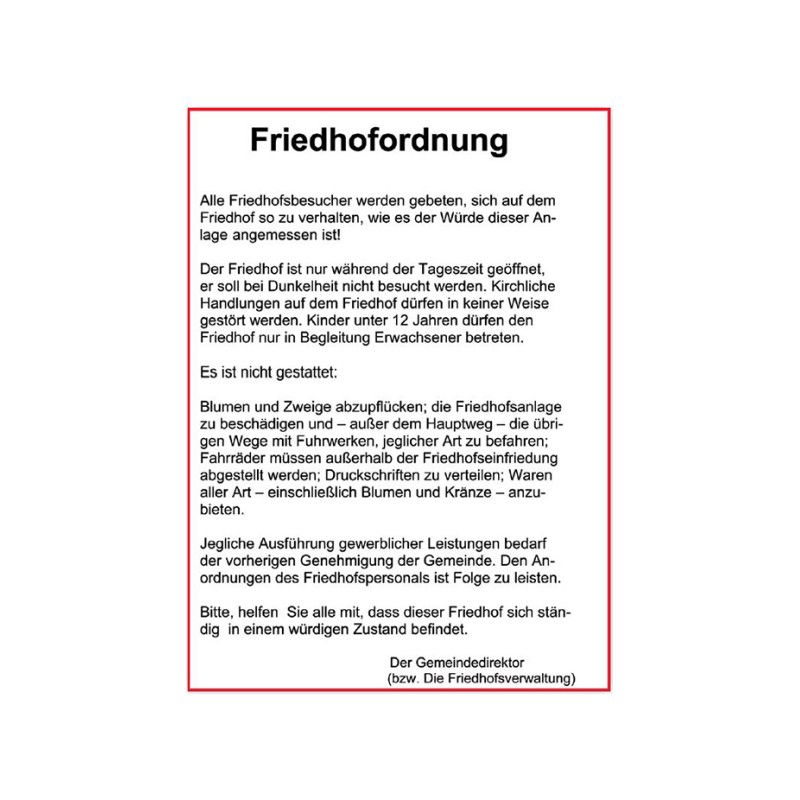 Das Foto zeigt ein Dokument mit dem Titel "Friedhofsordnung", das in schwarzer Schrift auf weißem Papier gedruckt ist und von einem roten Rahmen umgeben ist.