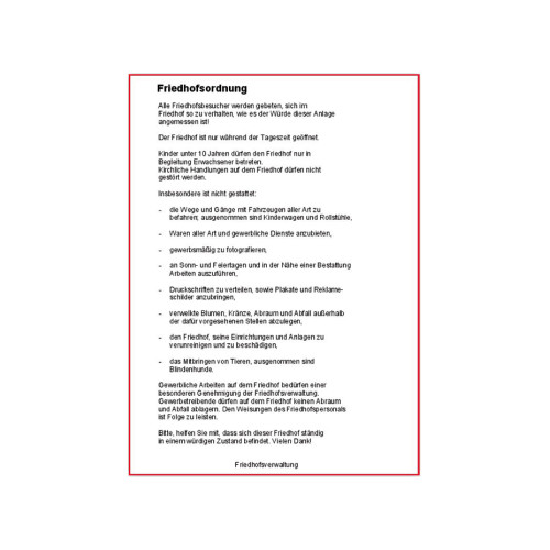 Das Produktfoto zeigt ein Dokument mit dem Titel "Friedhofsordnung", gedruckt auf weißem Papier mit rotem Rahmen, das verschiedene Regeln und Hinweise für Friedhofsbesucher enthält.