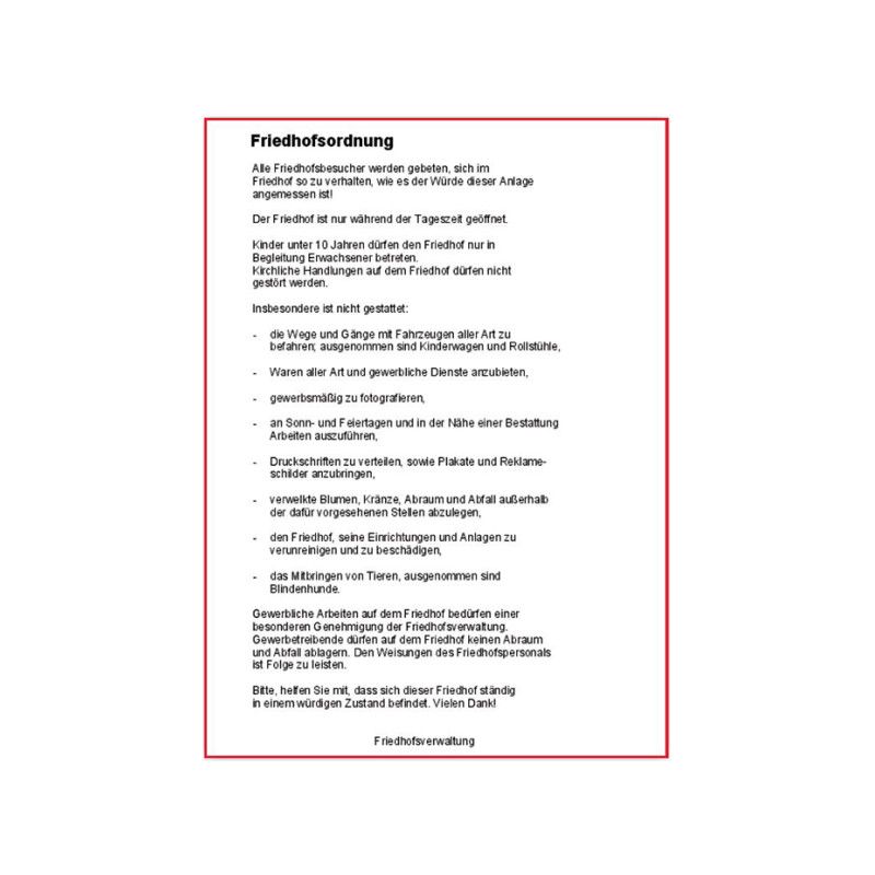 Das Produktfoto zeigt ein Dokument mit dem Titel "Friedhofsordnung", gedruckt auf weißem Papier mit rotem Rahmen, das verschiedene Regeln und Hinweise für Friedhofsbesucher enthält.