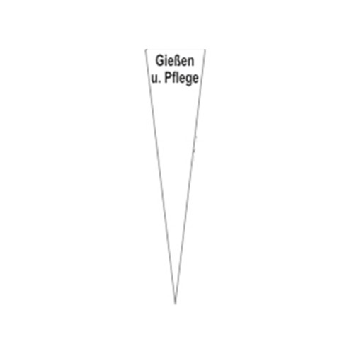 Dreieckiges PVC-Schild in Weiß mit schwarzer Schrift „Gießen u. Pflege“, Maße 80 x 250 x 2 mm, Gesamtansicht ohne weitere Details.