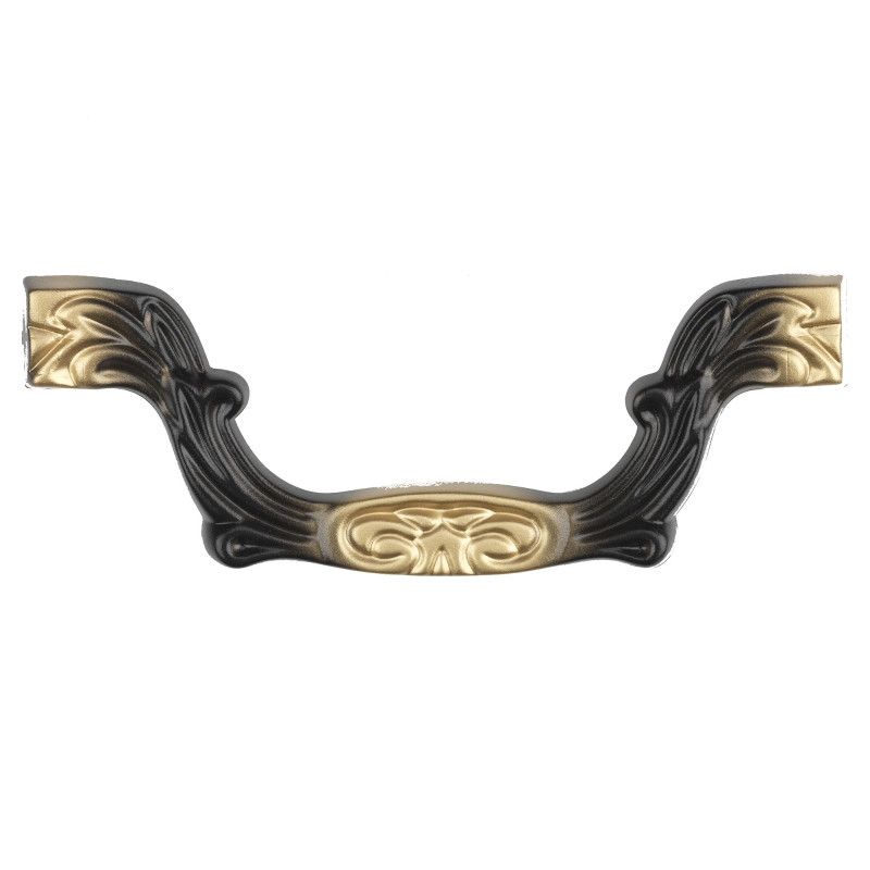 Vollkunststoffgriff in altflämischem Design, schwarz mit goldenen Verzierungen, geschwungene Form, Gesamtansicht des Sarggriffs.