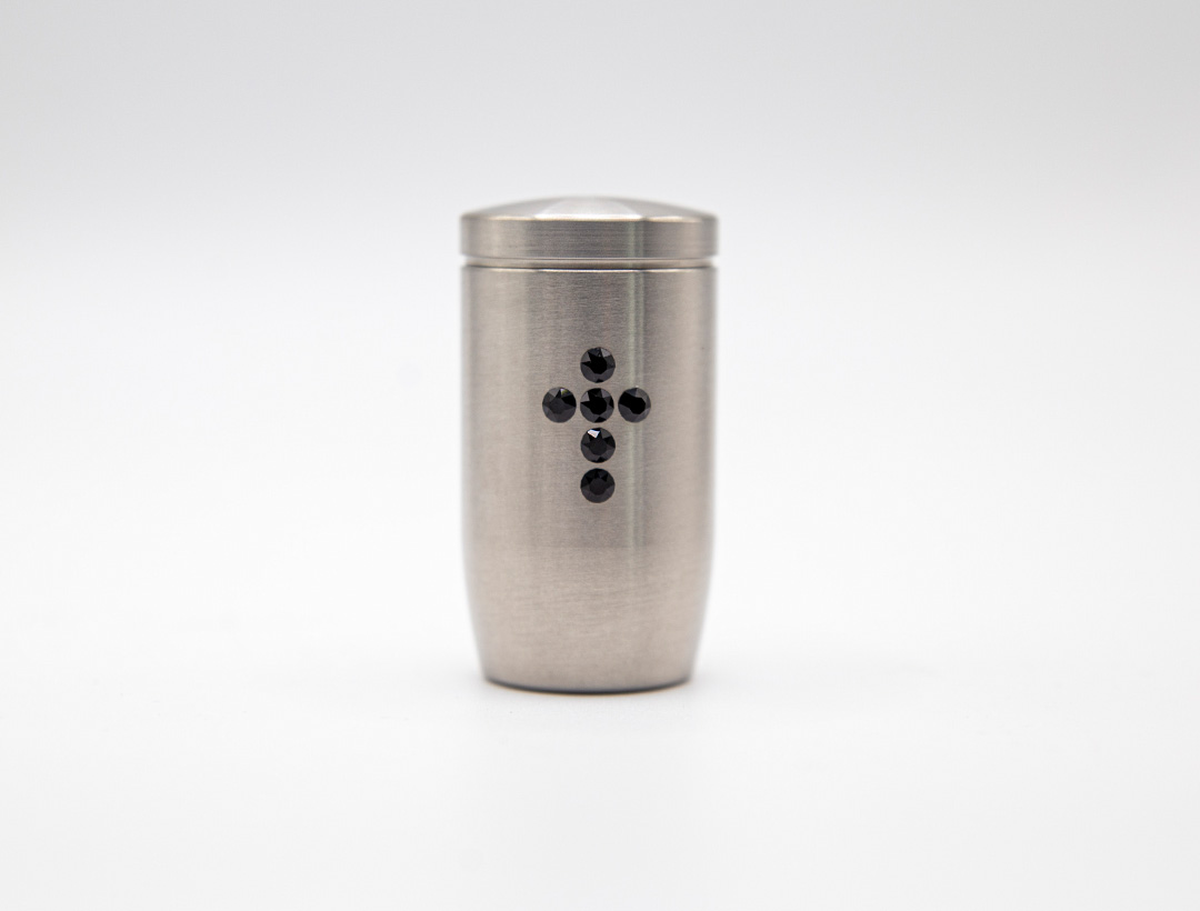 Miniurne aus Edelstahl - Kreuz Glaskristall schwarz