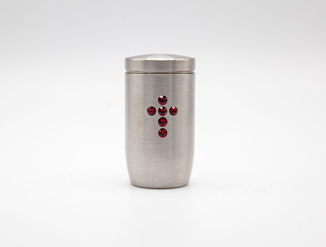 Miniurne aus Edelstahl - Kreuz Glaskristall rot