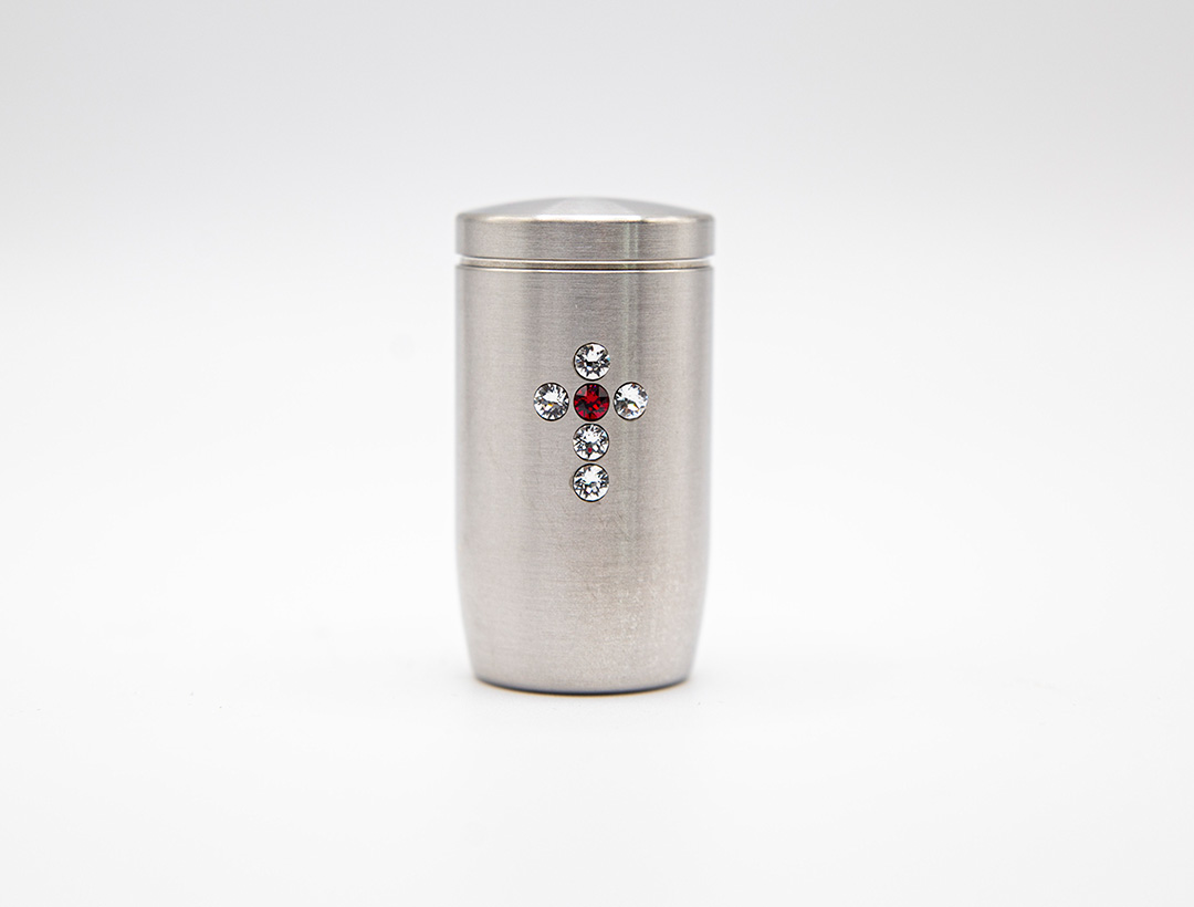 Miniurne aus Edelstahl - Kreuz Glaskristall weiß/rot