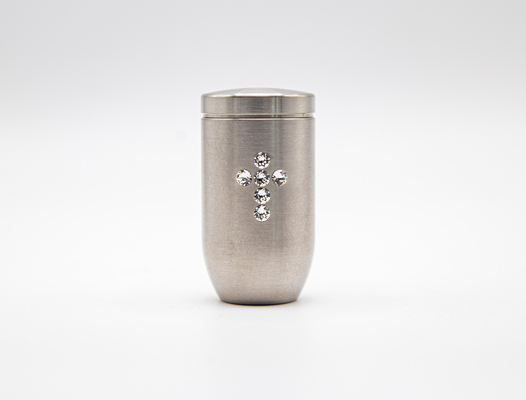 Miniurne aus Edelstahl - Kreuz Glaskristall weiß