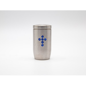Miniurne aus Edelstahl - Kreuz Glaskristall blau