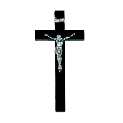 Ein schwarzes Handkreuz aus Holz mit einem silbernen Korpus von Jesus Christus, in Gesamtansicht, mit detaillierter Darstellung der Figur.