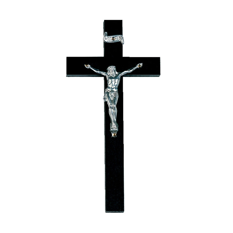 Ein schwarzes Handkreuz aus Holz mit einem silbernen Korpus von Jesus Christus, in Gesamtansicht, mit detaillierter Darstellung der Figur.