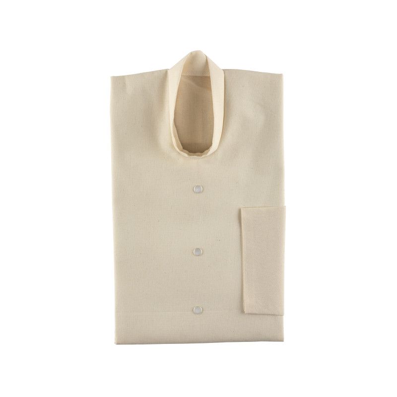 Rohgewebe in mattem Finish, beige, mit rundem Ausschnitt, drei Knöpfen und einer seitlichen Tasche, Gesamtansicht.