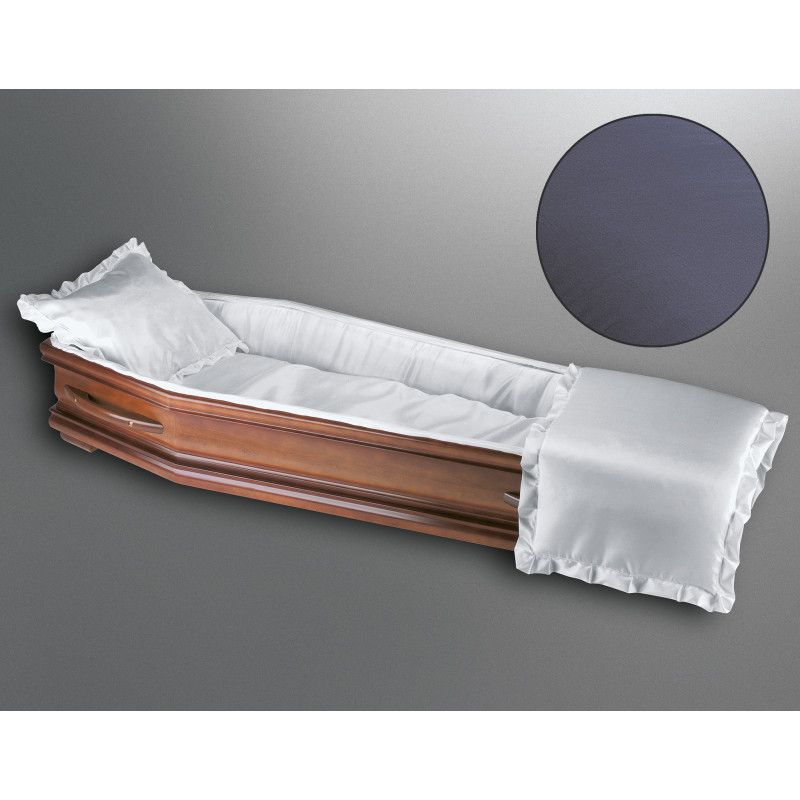 Sargausschlag für Körperformsarg aus glanzblauer Seide mit Rüschendetails, Gesamtansicht des Sargs mit Kissen und Decke.
