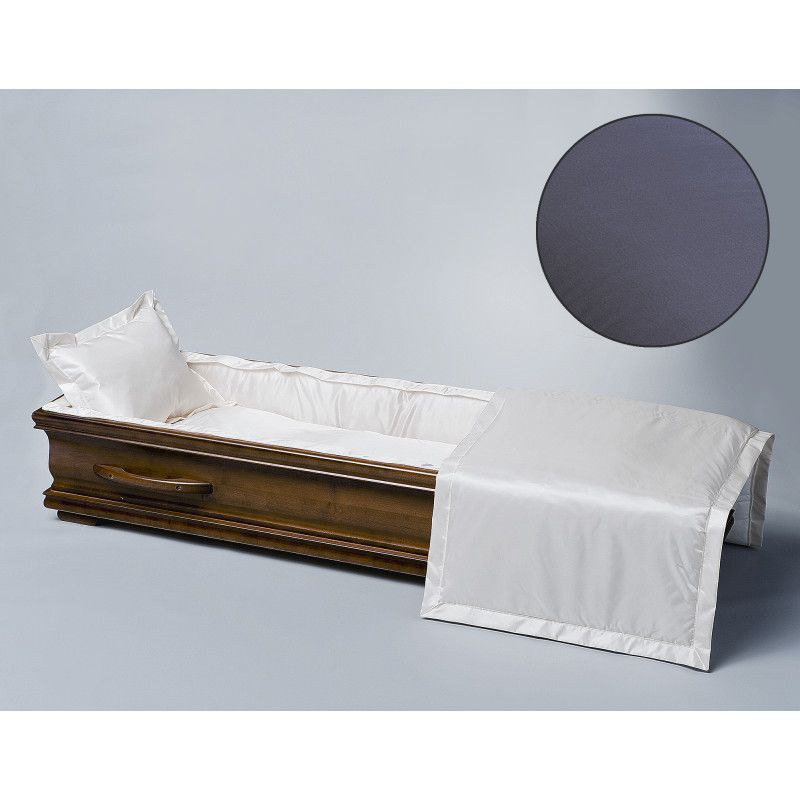 Der Sargausschlag für Truhensarg ist aus glanzender blauer Seide gefertigt und zeigt eine Gesamtansicht des Sargs mit Kissen und Decke.