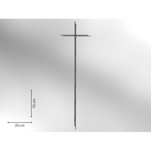Doppelkreuz aus silberfarbenem Metall mit einer Höhe von 70 cm und einer Breite von 20 cm, in Gesamtansicht ohne weitere Dekoration.