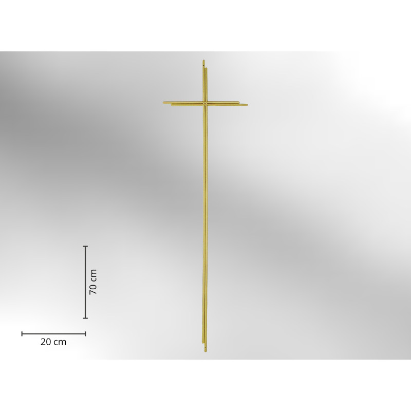 Doppelkreuz aus glänzendem Metall in Goldfarbe, mit einer Höhe von 70 cm und einer Breite von 20 cm, in Gesamtansicht dargestellt.