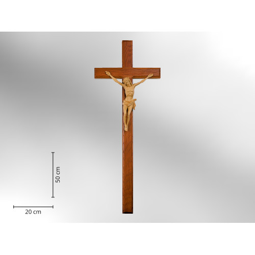 Sargkreuz aus dunkel gefrästem Holz mit Korpus, 50 cm hoch und 20 cm breit, Gesamtansicht mit detailgetreuer Darstellung des Korpus.