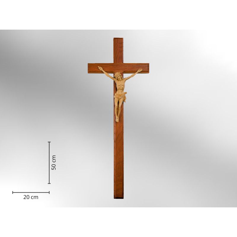 Sargkreuz aus dunkel gefrästem Holz mit Korpus, 50 cm hoch und 20 cm breit, Gesamtansicht mit detailgetreuer Darstellung des Korpus.
