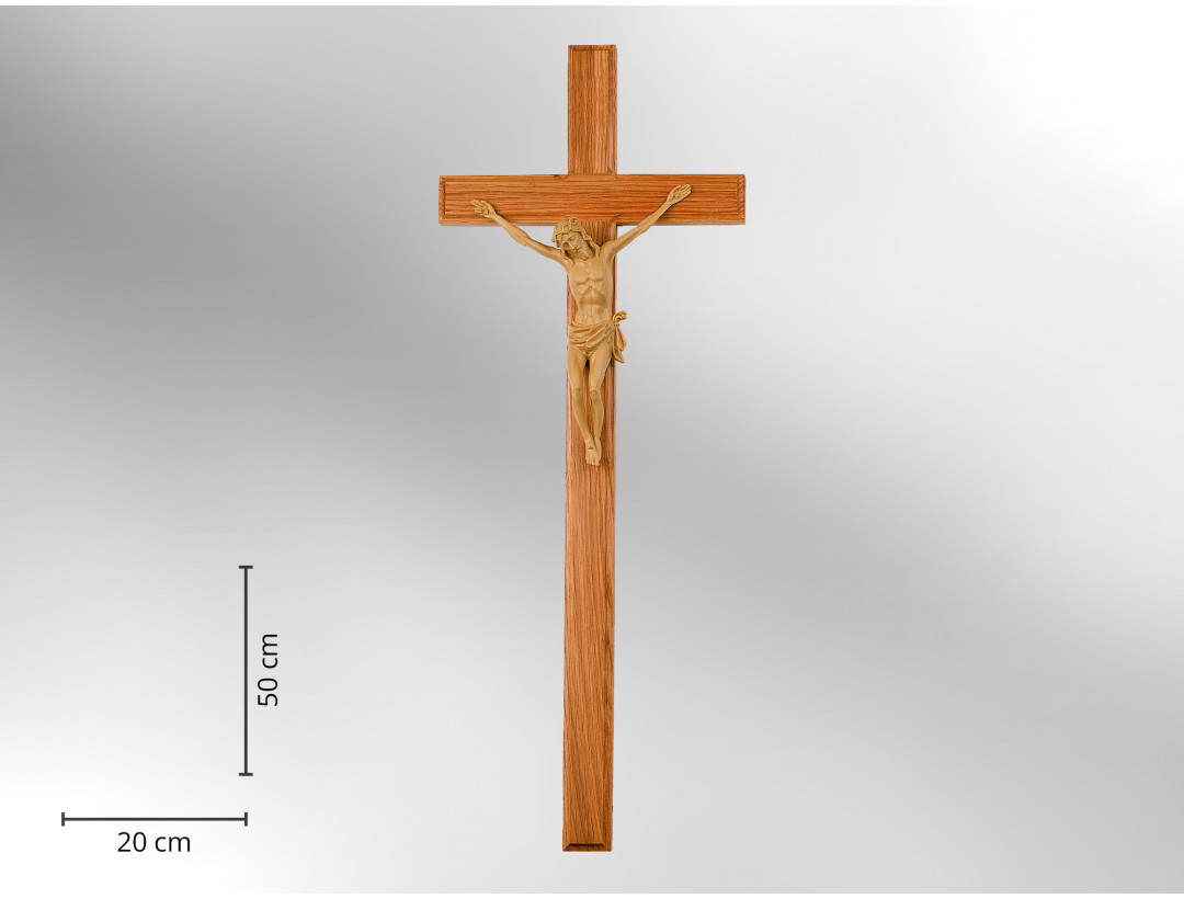 Sargkreuz mit Korpus, Holz hell mit Korpus, kantengefräst