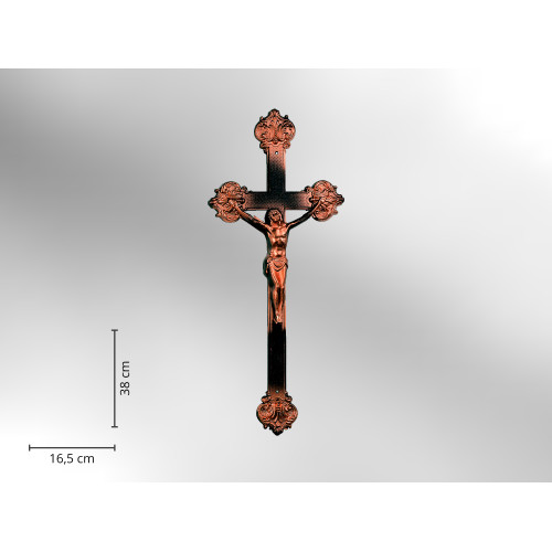 Sargkreuz aus Kunststoff in barocker Form, akubronziert, mit einer Höhe von 38 cm und einer Breite von 16,5 cm, zeigt einen Korpus Christi.