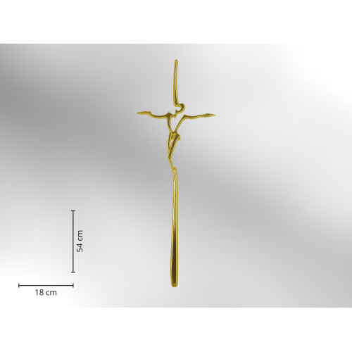 Sargkreuz aus glänzendem goldfarbenem Metall in moderner Form, mit einer Höhe von 54 cm und einer Breite von 18 cm.