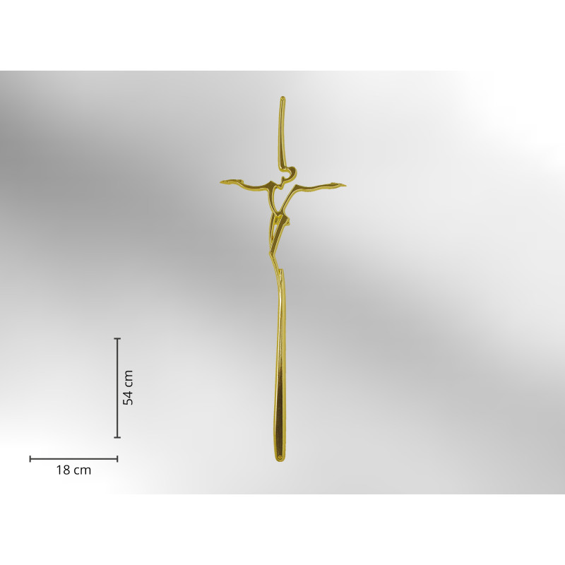 Sargkreuz aus glänzendem goldfarbenem Metall in moderner Form, mit einer Höhe von 54 cm und einer Breite von 18 cm.