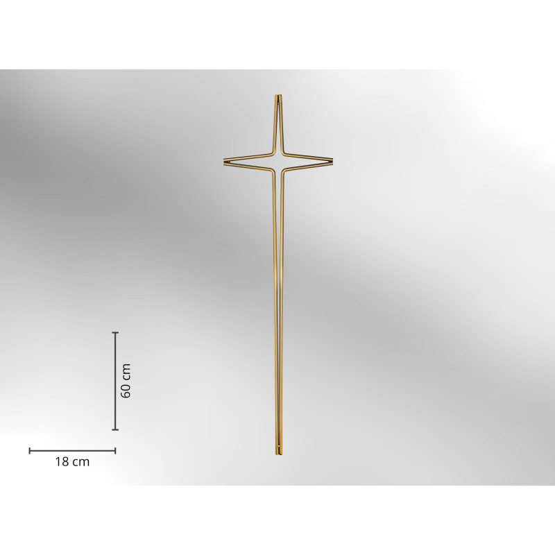 Elegantes Sargkreuz aus Metall in altmessing, mit einer Höhe von 60 cm und einer Breite von 18 cm, in Gesamtansicht auf hellem Hintergrund.
