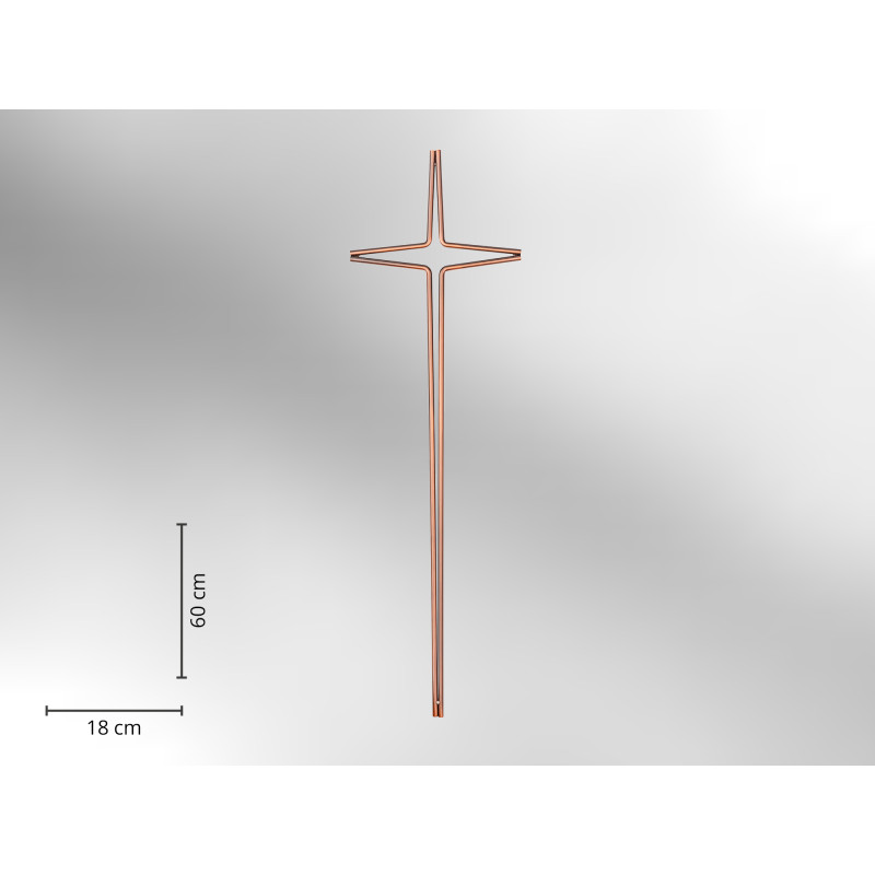 Ein elegantes Sargkreuz aus kupferfarbenem Metall mit einer Höhe von 60 cm und einer Breite von 18 cm in Gesamtansicht.