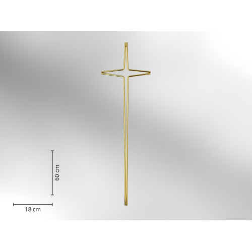 Ein elegantes, glänzendes Kreuz aus Metall in Goldfarbe, mit einer Höhe von 60 cm und einer Breite von 18 cm, in Gesamtansicht.