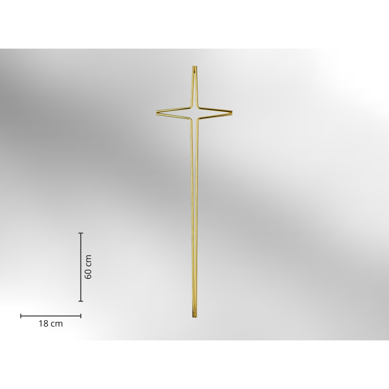 Ein elegantes, glänzendes Kreuz aus Metall in Goldfarbe, mit einer Höhe von 60 cm und einer Breite von 18 cm, in Gesamtansicht.