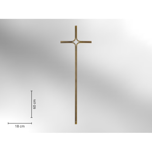 Ein modernes Doppelkreuz aus Metall in altmessing mit den Maßen 60 cm Höhe und 18 cm Breite, in Gesamtansicht auf hellem Hintergrund.