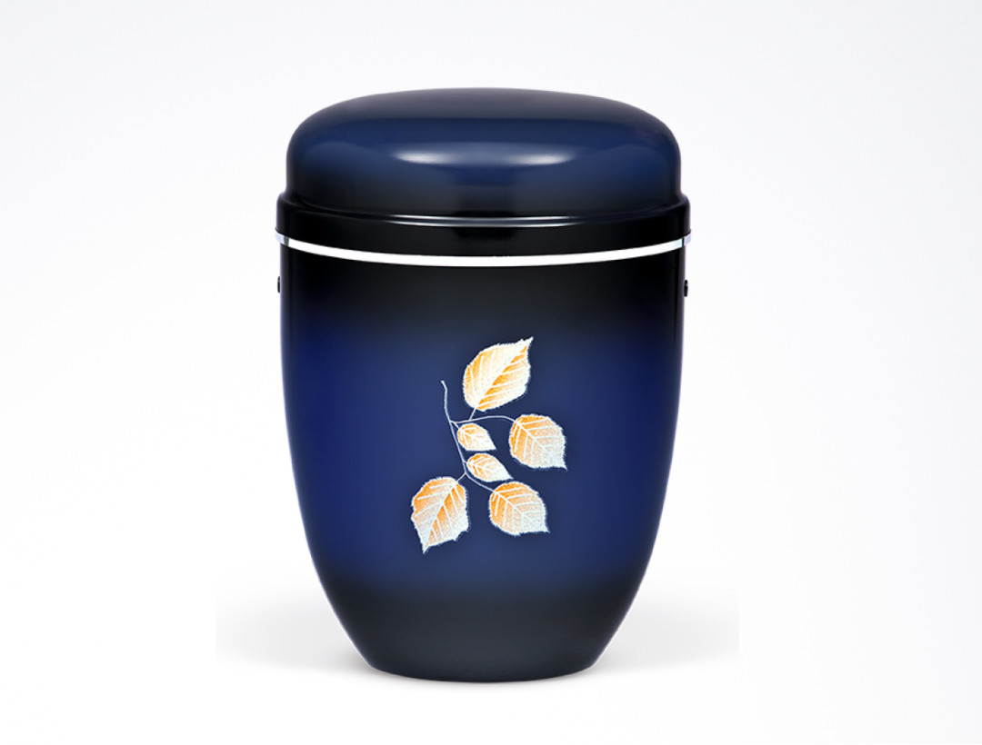 Stahlurne, Blau, Schwarz patiniert ART Design Blätter, Silberband