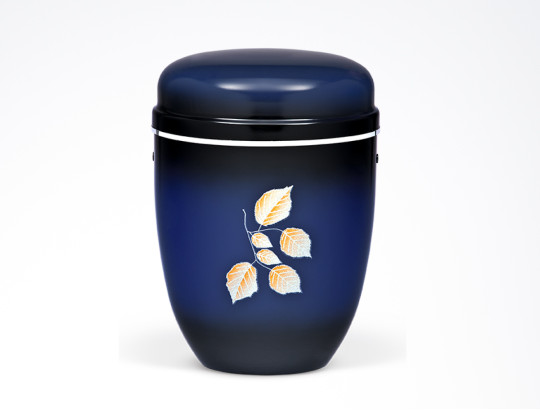 Stahlurne, Blau, Schwarz patiniert ART Design Blätter, Silberband