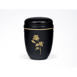 Stahlurne Schwarz mit Goldband und Motiv "Rose"