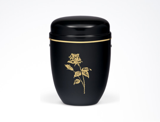 Stahlurne Schwarz mit Goldband und Motiv "Rose"