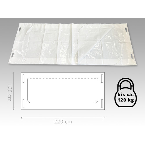 Die Unfallhülle C ist eine transparente, plastische Hülle in den Maßen 220 x 100 cm mit seitlichen Griffen und einer Tragfähigkeit von bis ca. 120 kg.