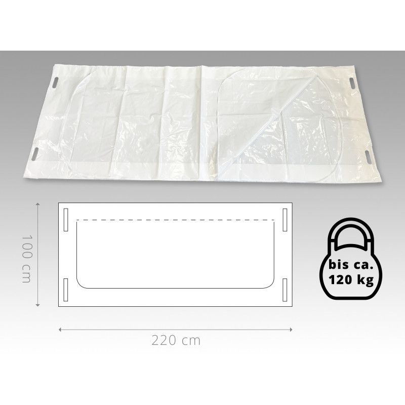 Die Unfallhülle C ist eine transparente, plastische Hülle in den Maßen 220 x 100 cm mit seitlichen Griffen und einer Tragfähigkeit von bis ca. 120 kg.