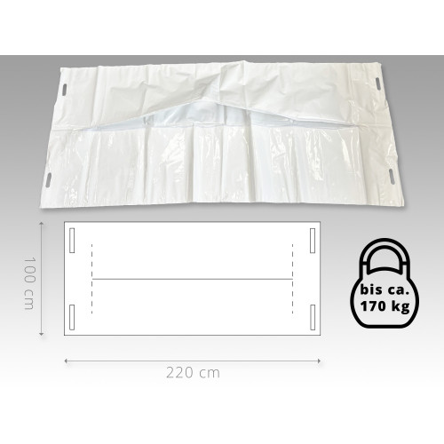 Die Unfallhülle mit Mittelverschluss ist aus transparentem, strapazierfähigem Material, misst 220 x 100 cm und zeigt eine Gesamtansicht mit seitlichen Griffen.