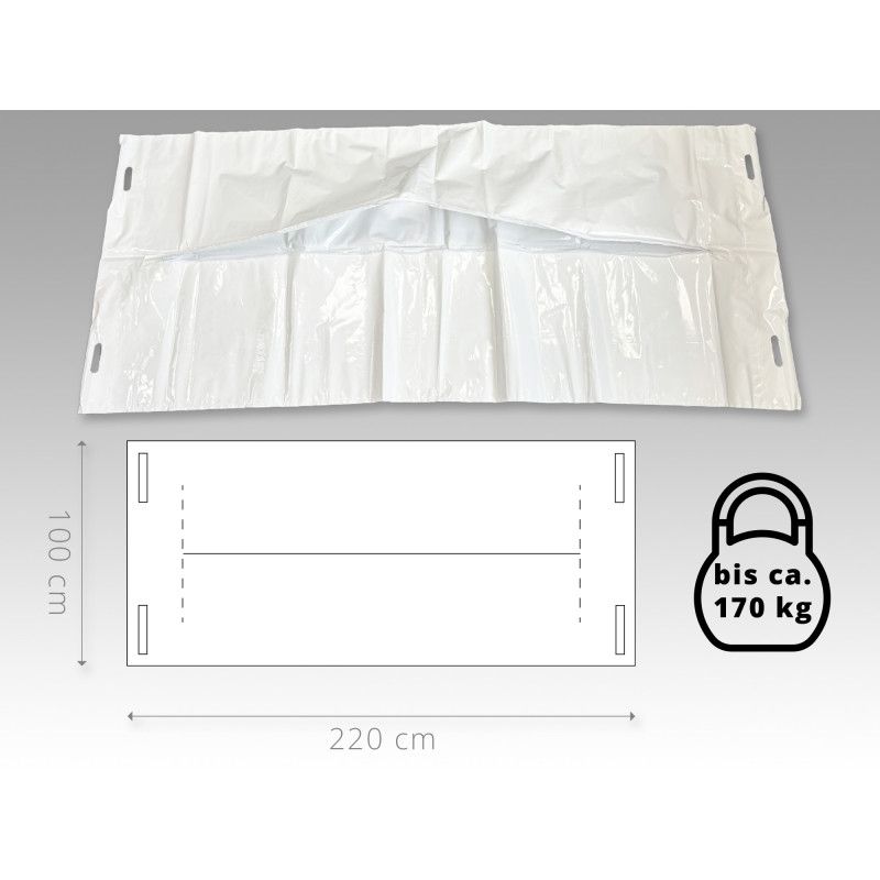Die Unfallhülle mit Mittelverschluss ist aus transparentem, strapazierfähigem Material, misst 220 x 100 cm und zeigt eine Gesamtansicht mit seitlichen Griffen.