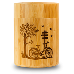 Bambusurne Baum mit Fahrrad, Motiv eingebrannt