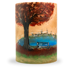 Bambusurne Baum mit Bank, Motiv gemalt