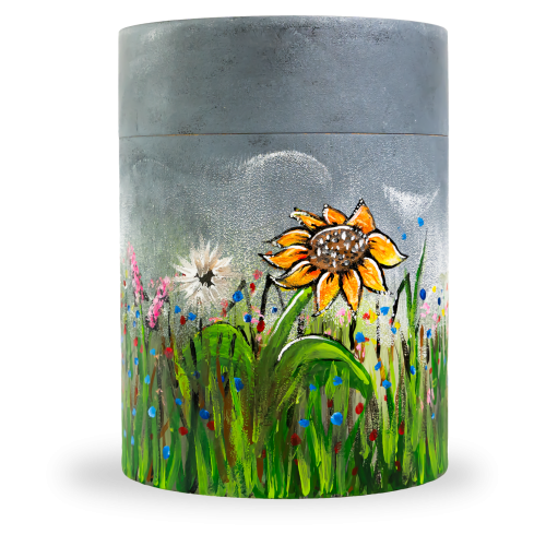 Bambusurne Sonnenblume, Motiv gemalt