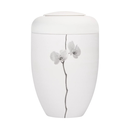 Grafik-Urne in groß mit einer weißen Oberfläche, verziert mit einer stilisierten Orchidee in Grau, runde Form und abgerundetem Deckel.