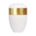 Eine weiße Ring-Urne mit einer goldenen Blattgoldring-Applikation, ovaler Form und glatter Oberfläche, Gesamtansicht ohne sichtbare Details.