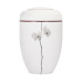 Eine weiße Urne mit einer roten Plexiglasscheibe und einem floralen Motiv in Grau, in Form einer Orchidee, Gesamtansicht.